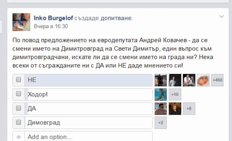 Анкетата показва, че предложението за смяна името на града е било подкрепено от 15 потребители, а 923 са гласували против идеята.