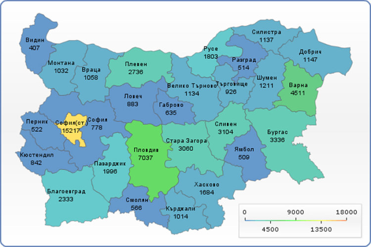Родените през 2015 г., разпределени по области върху картата на страната.