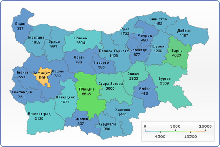 Родените през 2016 г., разпределени по области върху картата на страната.