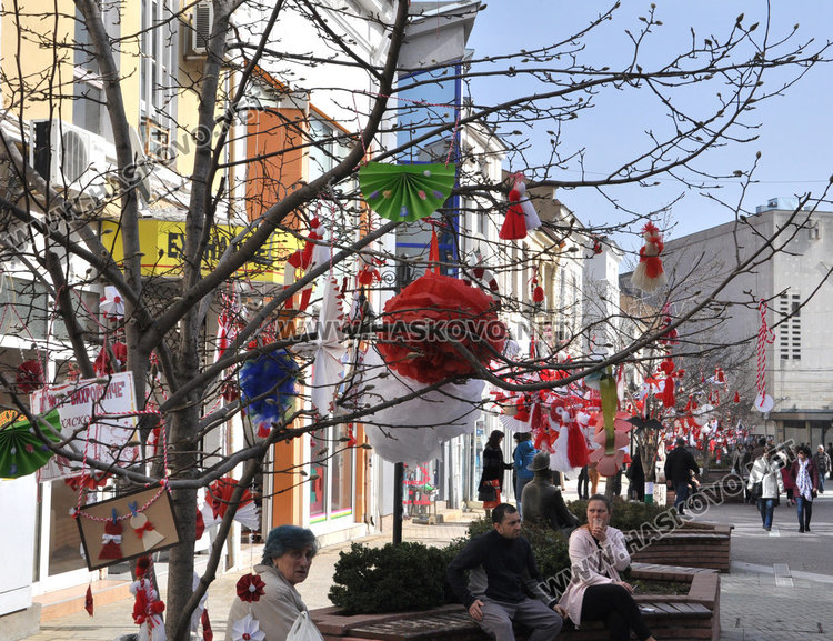 Дърветата в центъра на Хасково грейнаха в бяло и червено