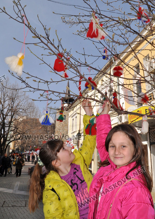 Дърветата в центъра на Хасково грейнаха в бяло и червено