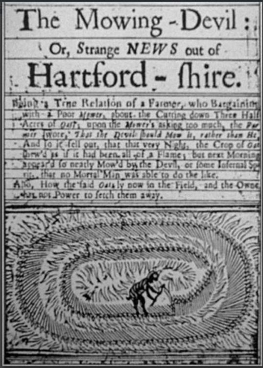 Гравюра от 1678, която показва поле с овесени стъбла, подредени в кръг. 