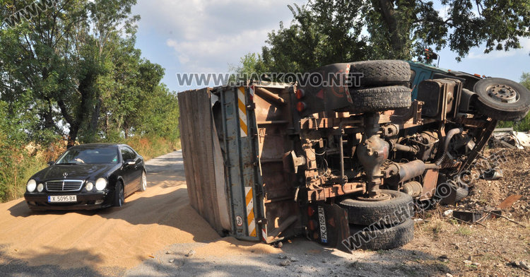 Камион се заби в дърво и се обърна на пътя, 10 т жито на земята