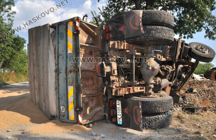 Камион се заби в дърво и се обърна на пътя, 10 т жито на земята