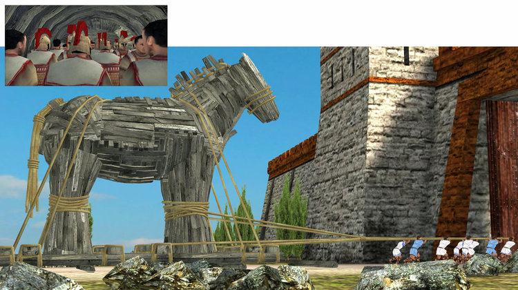 Докато троянците вкарват дървения кон в града, можете да надникнете в търбуха му и да видите скритите вътре ахейци.