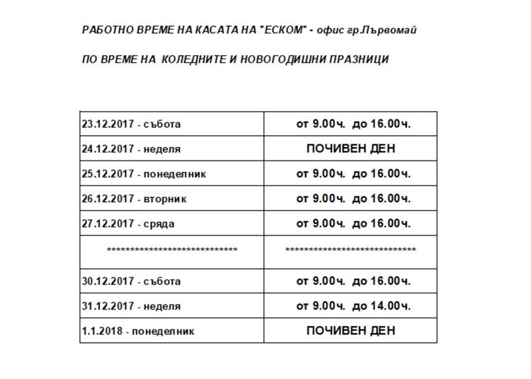 Работното време на касите на ЕСКОМ по време на празниците