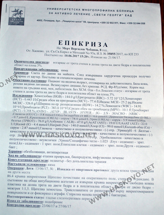 Епикризата от пловдивската болница "Св. Георги"