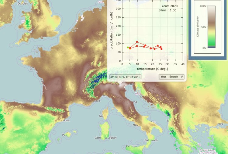 Картата ClimateEx изобразява климатограма за Виченца, Италия, базирана на средномесечните валежи и температура.