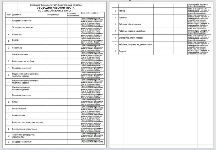 Над триста свободни работни места обяви Бюрото по труда в Димитровград