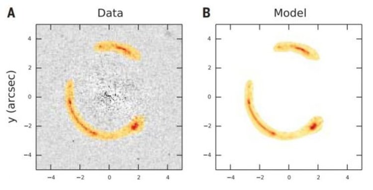 Сравнение между експериментално полученото (вляво) и численно моделираното (вдясно) изображение на Айнщайновия пръстен. 