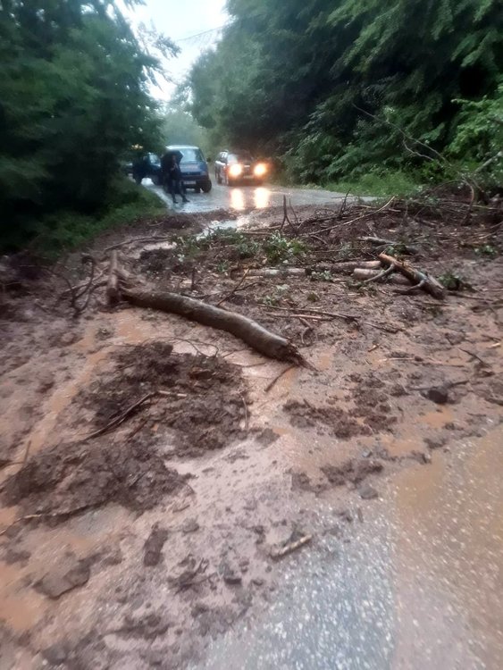 Кални наноси, камъни и изнесен асфалт на пътя Смолян-Смилян на 28 юни сутринта