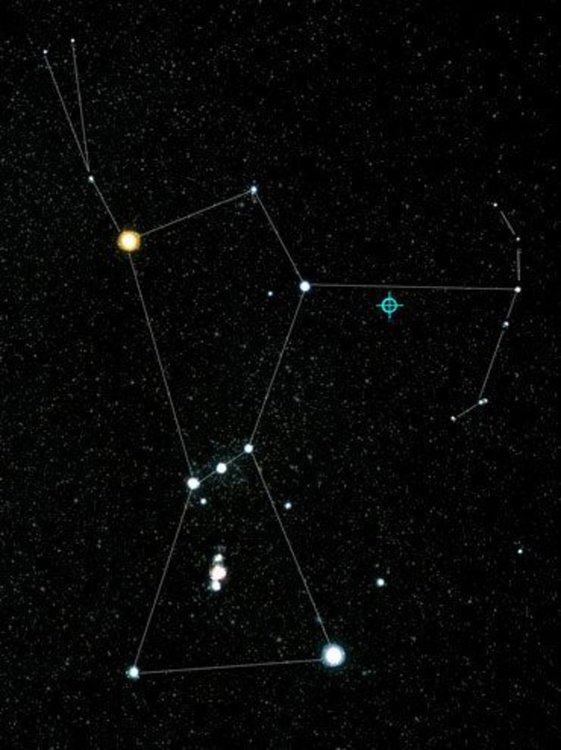 За първи път високоенергийно неутрино е проследено до източник извън Млечния път - галактика в съзвездието Орион (местоположението е обозначено със синьо).