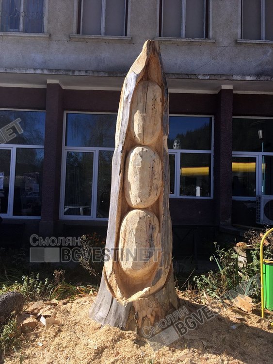 Пред читалището вече е издялана огромна дървена фасулева капица с бобчета