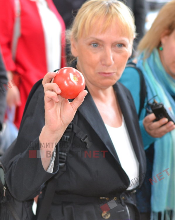 Елена Йончева на пазара в Димитровград коментира с търговци за българската продукция