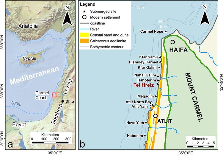 а) Източно Средиземноморие и Израелското крайбрежие; б) потопени неолитни селища край бреговете на Кармел ( J. McCarthy, Galili et al. 2019, модификация от Natural Earth (https://www.naturalearthdata.com, CC0 public domain).
