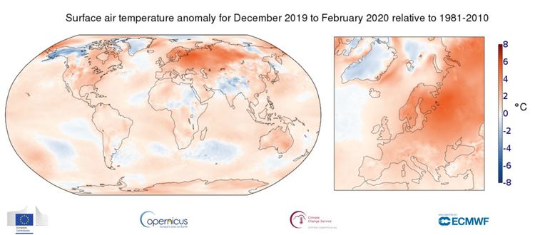 Зимата в Европа е била рекордно топла, с 3.4° C над нормалното