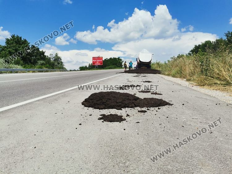 Камион разсипа птича тор на пътя край Хасково