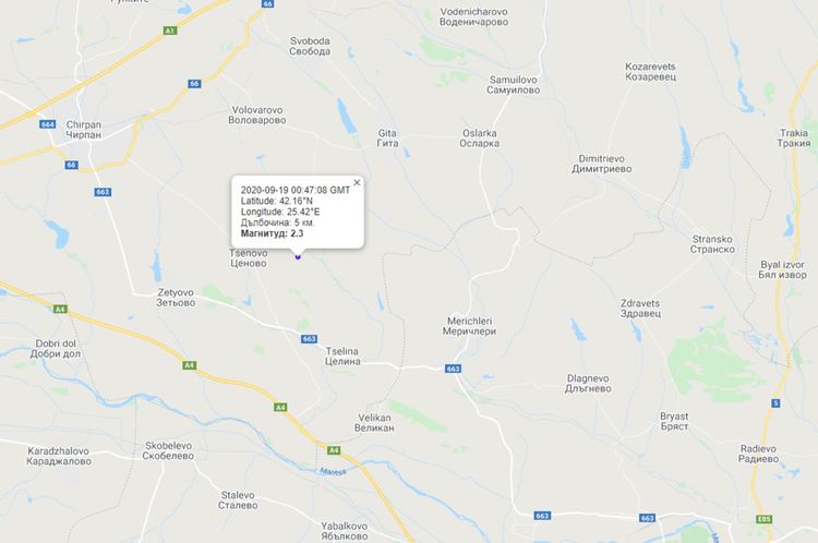 Земетресението, обявено с 3.1 по Рихтер до Харманли, е в Старозагорска област