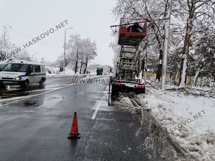 Паднали клони от снега скъсаха жиците на тролея