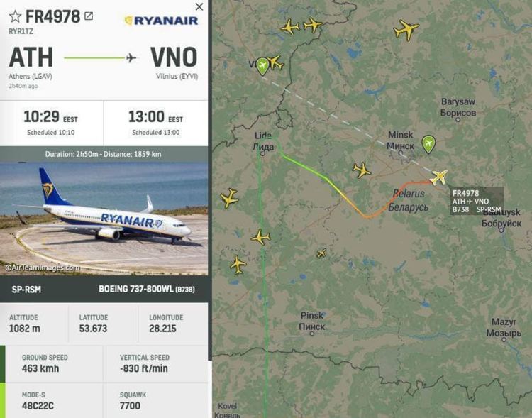Изтребител на беларуските ВВС прехвана самолет на Ryanair