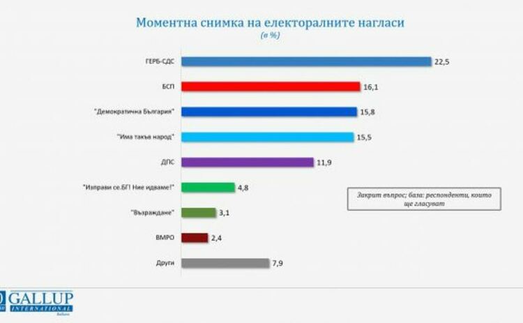 Галъп: ИТН четвърти, ГЕРБ водят с 22,5%, следвани от БСП и ДБ