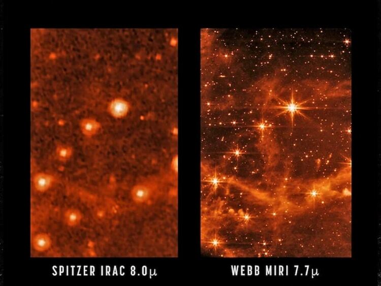 Големият Магеланов облак, както се вижда от космическия телескоп на НАСА Spitzer (вляво) и новия космически телескоп Джеймс Уеб (вдясно). Кредит: NASA/JPL-Caltech (вляво), NASA/ESA/CSA/STScI (вдясно)