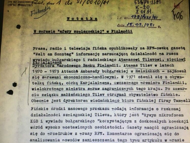 Факсимиле от бележката, изготвена от Второ управление на Генералния щаб на Народната полска армия – военното разузнаване по аферата "Тилев". Публикува се за пръв път.