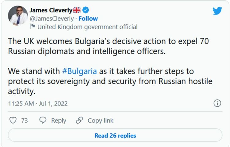 Великобритания приветства решителните действия на България за изгонване на 70 руски дипломати и разузнавачи