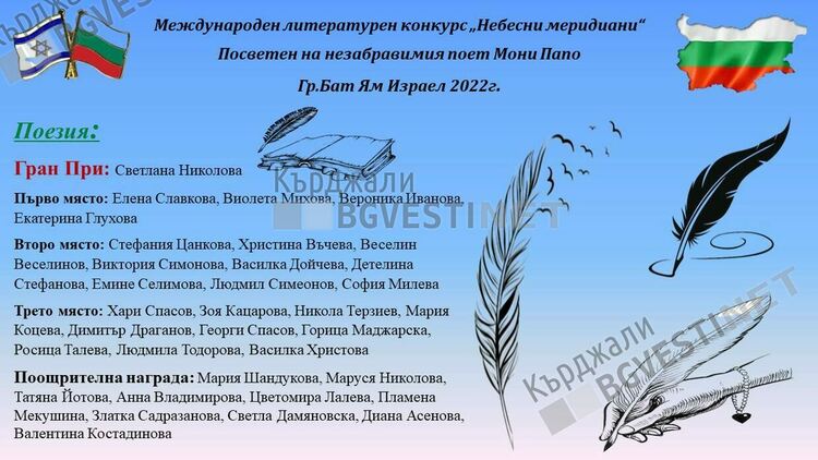  Поетесата от Кърджали Виолета Михова с две награди от конкурс в Израел
