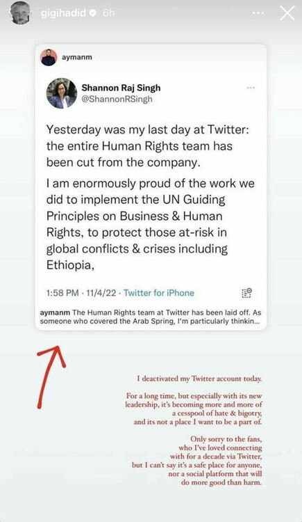 Джиджи Хадид напусна Twitter, недоволна от действията на Мъск