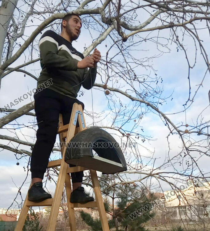 Къщички и хранилки за птици в Еко работилницата на открито в гимназията по транспорт и аграрни технологии