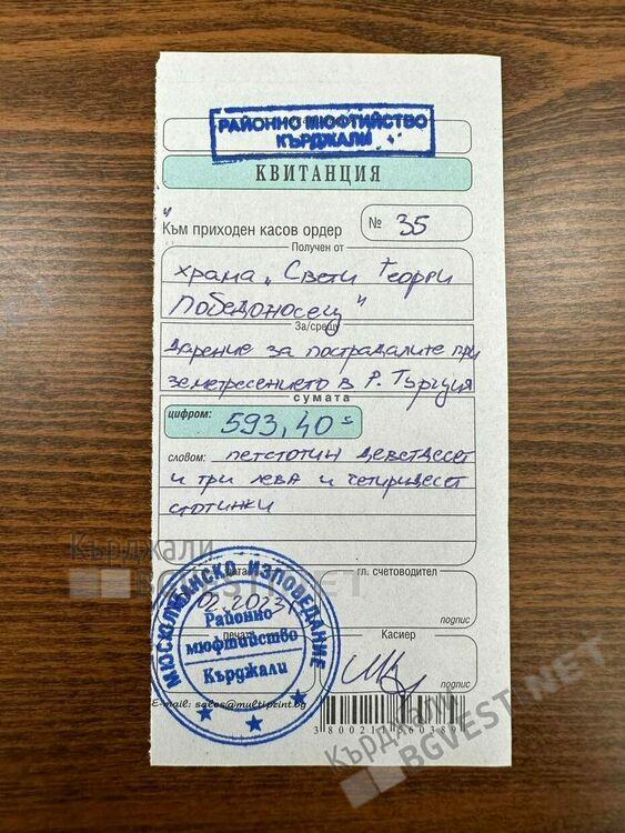   Миряни от храма „Св.Георги” връчиха събрани пари на Районното мюфтийство, предназначени за бедстващите в Турция