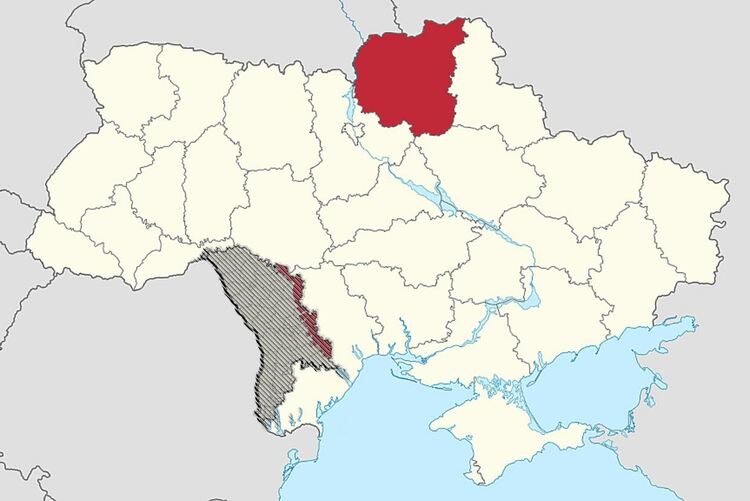 Черниговския край в Украйна (червено), Молдова (защриховано) и непризнатото Приднестровие (защриховано червено)