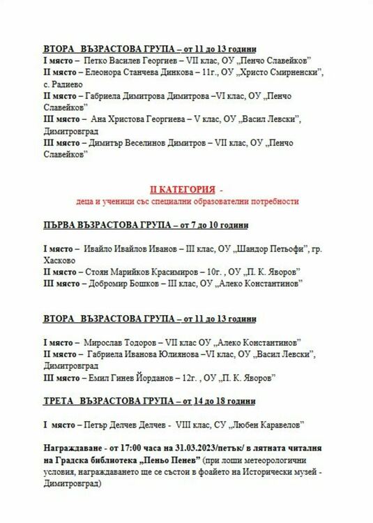 Ясни са победителите от общинския ученически конкурс "С очите си видях бедата"