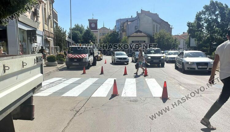 Боядисват пешеходните пътеки в центъра на Хасково, кастрят и дървета
