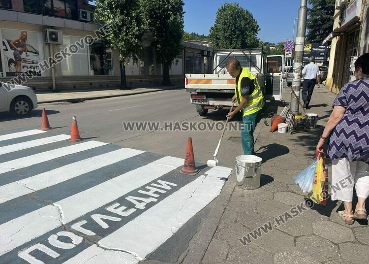 Боядисват пешеходните пътеки в центъра на Хасково, кастрят и дървета