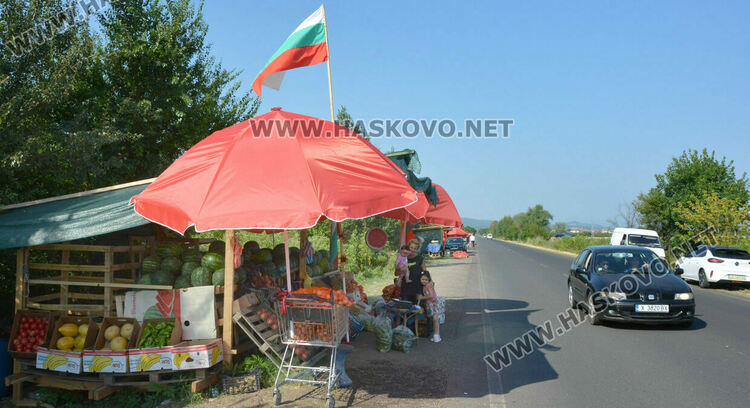 От шарени и бели патладжани до големи дини и пъпеши на крайпътния пазар между Хасково и Конуш