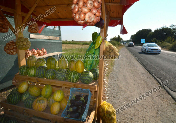 От шарени и бели патладжани до големи дини и пъпеши на крайпътния пазар между Хасково и Конуш