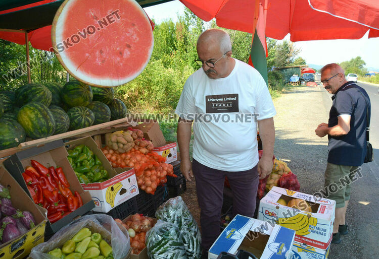 От шарени и бели патладжани до големи дини и пъпеши на крайпътния пазар между Хасково и Конуш