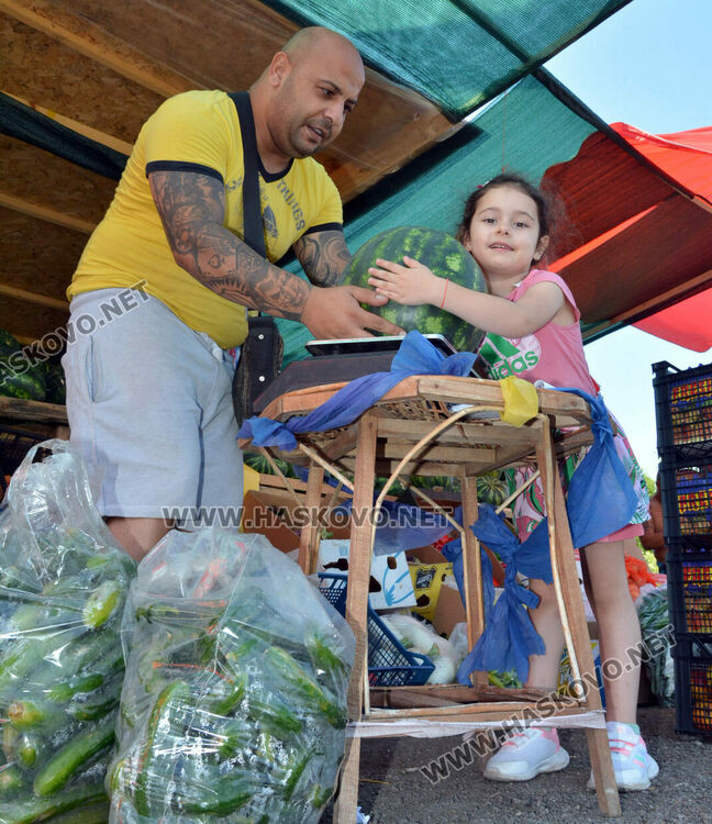 От шарени и бели патладжани до големи дини и пъпеши на крайпътния пазар между Хасково и Конуш