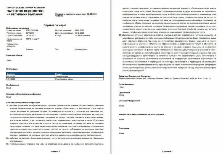 Весела Лечева запазила и втора марка - "ПП 3-ти март"  