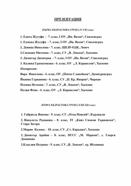 Наградиха победителите от националния конкурс „Завещано от Апостола“ за презентация и есе