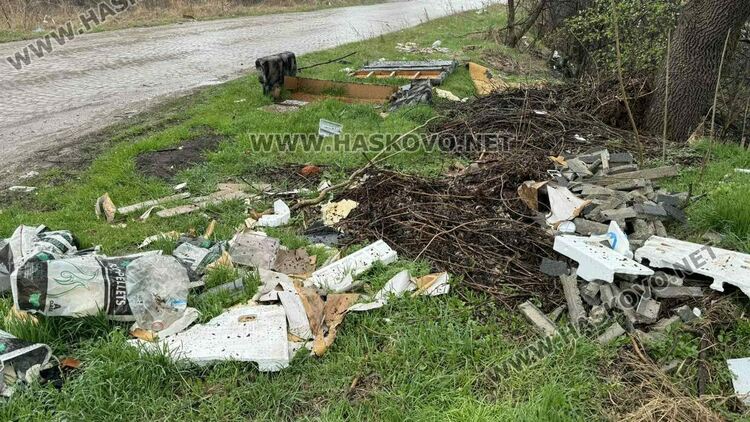 Разчистват сметище от гуми, покъщнина и труп на животно край път в Хасково