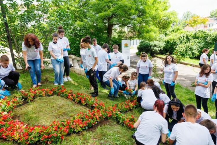 Цветна леха под формата на червена панделка засадиха ученици от Радомир
