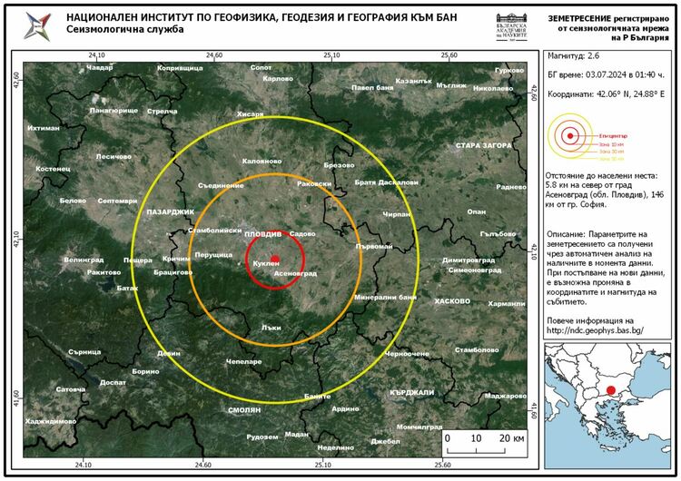 Земетресение с магнитуд 2.6 край Асеновград 
