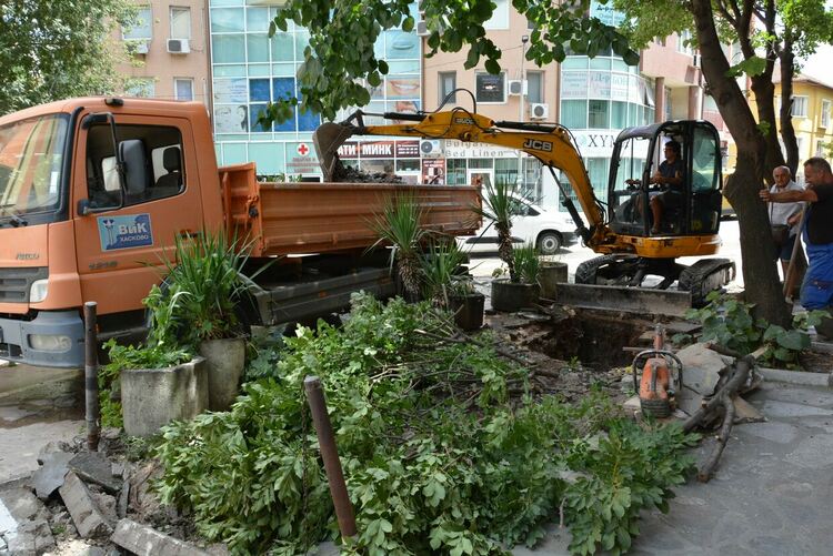 Вода извира от асфалт близо до Първа поликлиника в Хасково 