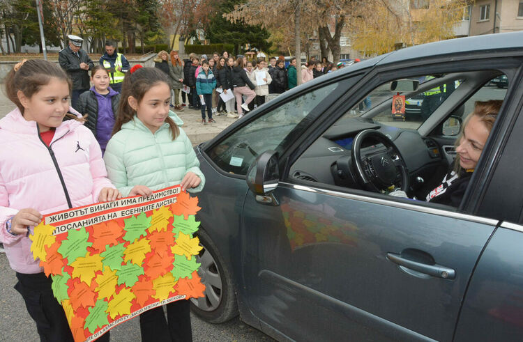 Деца призоваха водачите да ги пазят с есенни листа 