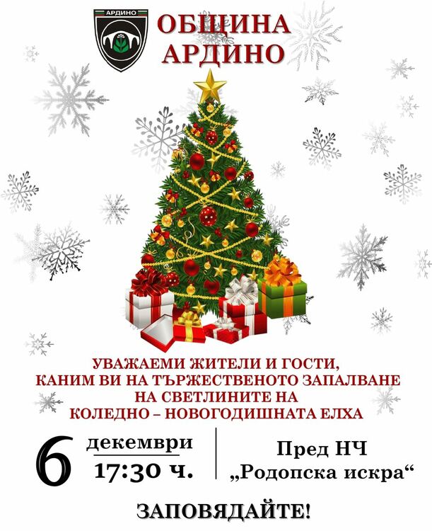 Коледно-новогодишната елха в Ардино ще грейне празнично на 6 декември