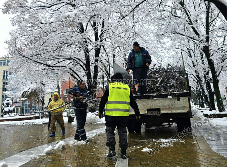 Почистиха центъра на Хасково от сняг и паднали клони
