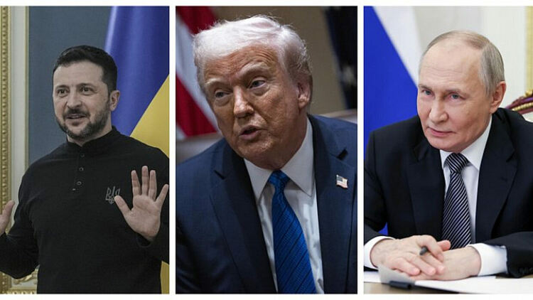 Володимир Зеленски (вляво), Доналд Тръмп (в средата) и Владимир Путин (вдясно)